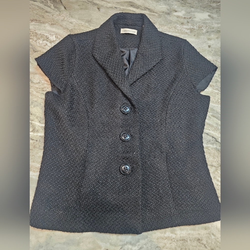 Coldwater Creek Black Textured Short Sleeve Wool Blend Blazer Size 10 | Lined Bu
